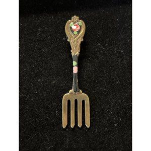 Vintage Miniature Fork Utensil Brooch Pin Painted Floral Estate Find